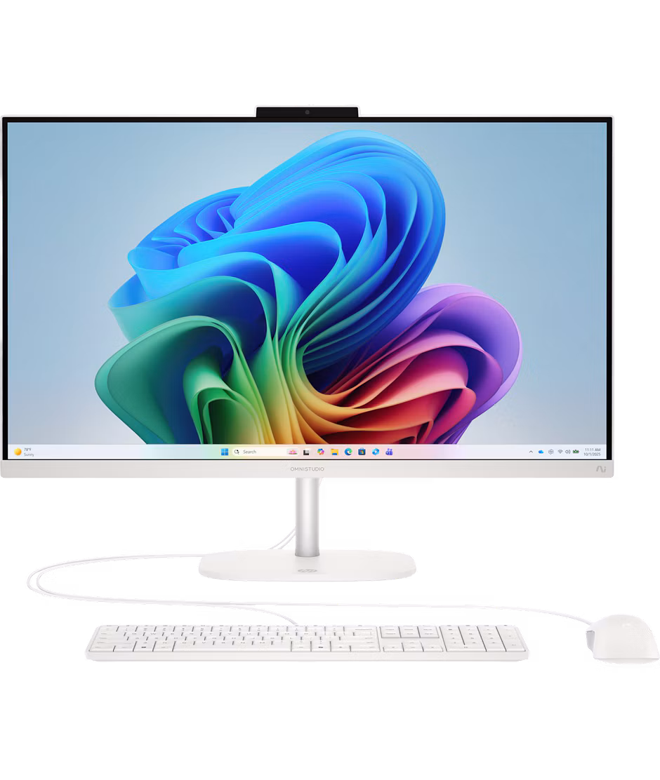 HP OmniStudio All-in-One Desktop Next Gen AI (2026) 27" Windows 11 Home AMD Ryzen AI 7 445 AMD Radeon 840M Graphics 16GB memory 1TB storage Cotton White