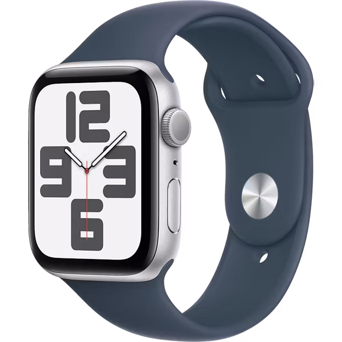 Apple Watch SE (2023) GPS 44mm Silver Aluminium Case with Storm Blue M/L Sport Band