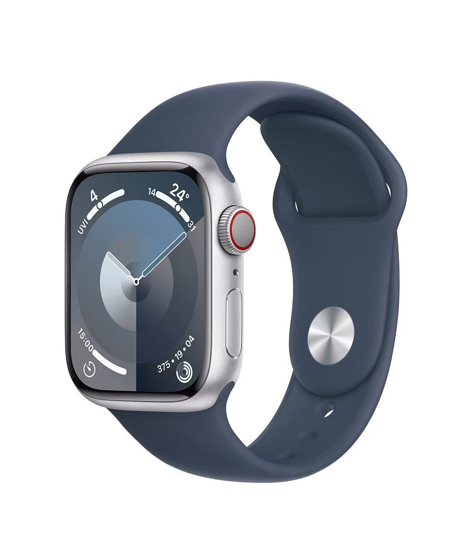 Apple Watch Series 9 GPS + Cellular 41mm Silver Aluminium Case with Storm Blue M/L Sport Band