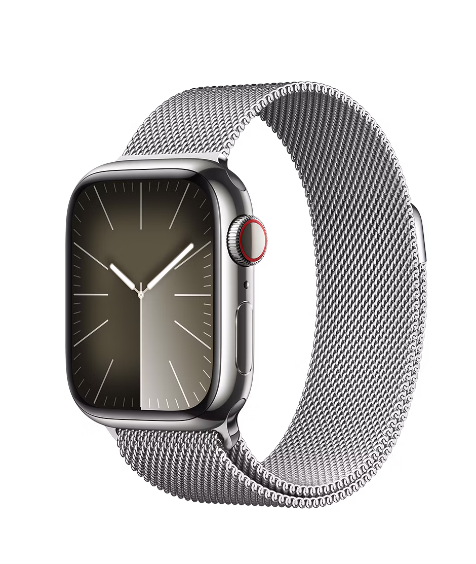 Apple Watch Series 9 GPS + Cellular 41mm Silver Stainless Steel Case with Silver Regular Milanese Loop
