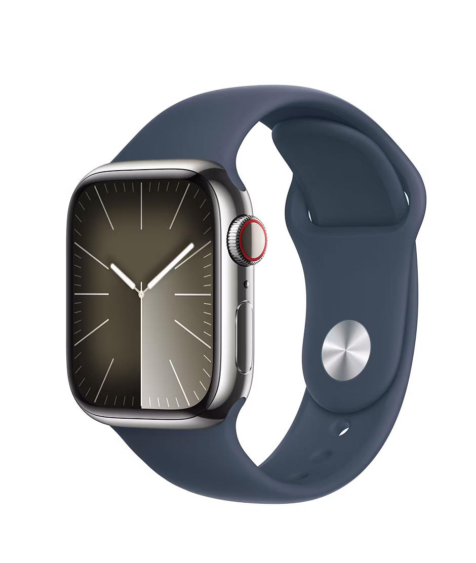 Apple Watch Series 9 GPS + Cellular 41mm Silver Stainless Steel Case with Storm Blue M/L Sport Band