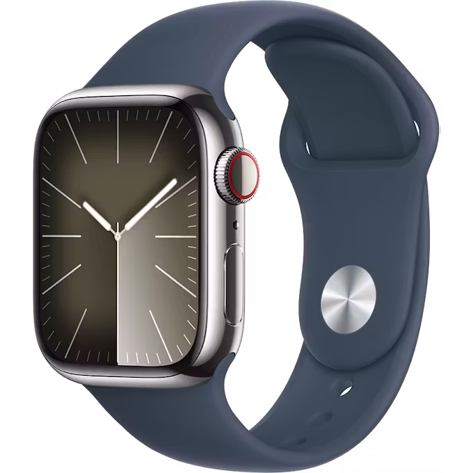 Apple Watch Series 9 GPS + Cellular 41mm Silver Stainless Steel Case with Storm Blue S/M Sport Band