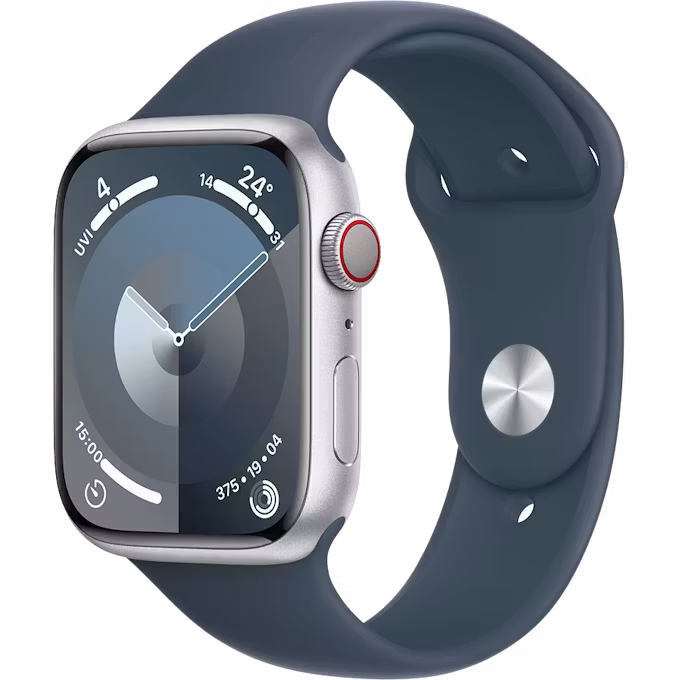 Apple Watch Series 9 GPS + Cellular 45mm Silver Aluminium Case with Storm Blue M/L Sport Band