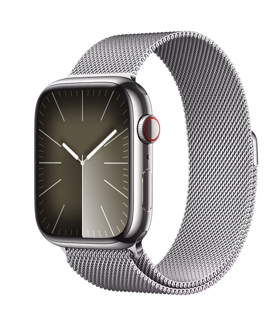 Apple Watch Series 9 GPS + Cellular 45mm Silver Stainless Steel Case with Silver Regular Milanese Loop