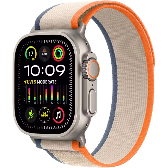 Apple Watch Ultra 2 GPS + Cellular 49mm Natural Titanium Case with Orange/Beige S/M Trail Loop